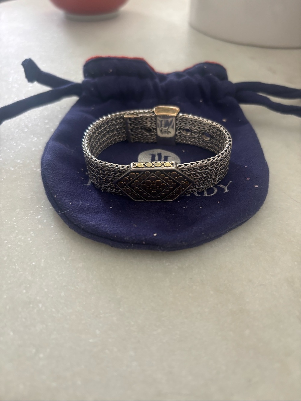 John Hardy 925 Sterling Silver 18K Gold Dot Wide Mesh Woven Bracelet 7.5” 50.63g - Picture 3 of 9